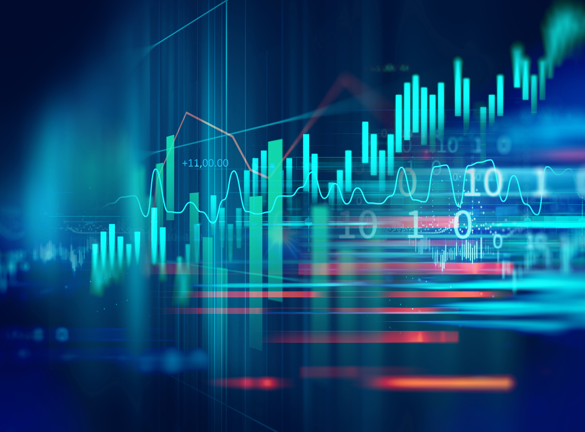 Stock market investment graph with indicator and volume data